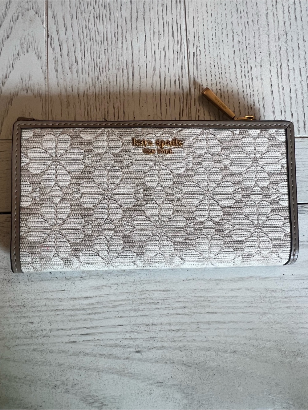 Kate Spade Cream Floral Jacquard Continental Zip Wallet with Taupe Leather Trim